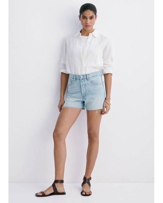 Mango Blue Denim Shorts With Frayed Hem