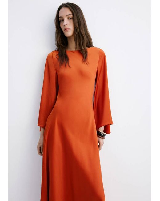 Mango Orange Flared-Sleeve Satin Dress