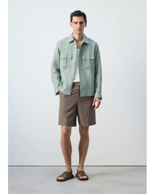 Mango Green Regular-Fit 100% Linen Overshirt for men