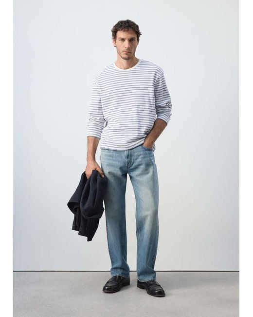 Mango Blue 100% Cotton Striped T-Shirt for men