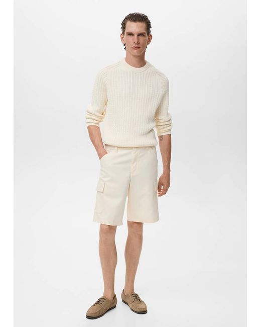 Mango White Cotton Lyocell Cargo Bermuda Shorts for men