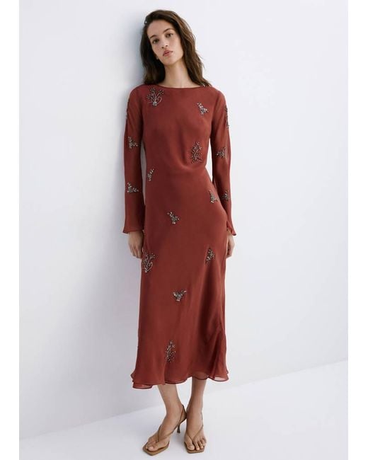 Mango Embroidered Crystal Dress With Flared Sleeves