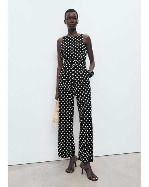 Mango White Polka-Dot Belt Jumpsuit