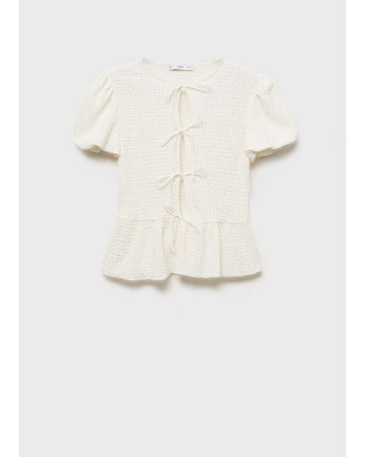 Mango Blue Textured Blouse With Bow Closure