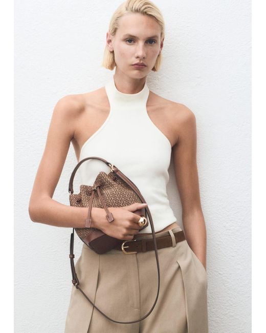 Mango White Jacquard Bucket Bag With Logo