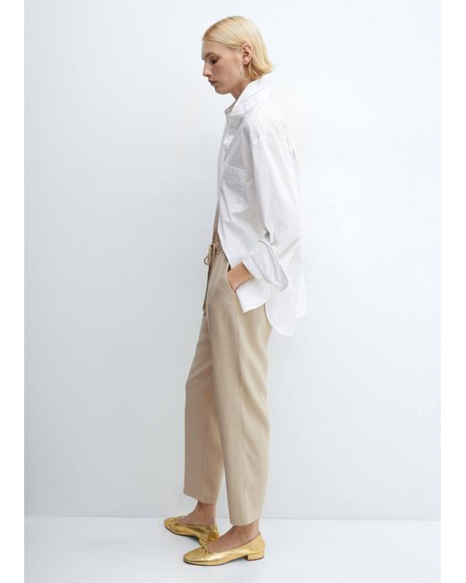 Mango White Flowy Straight-fit Trousers With Bow