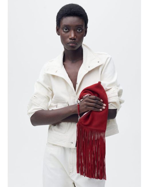 Mango White Leather Handbag With Fringes