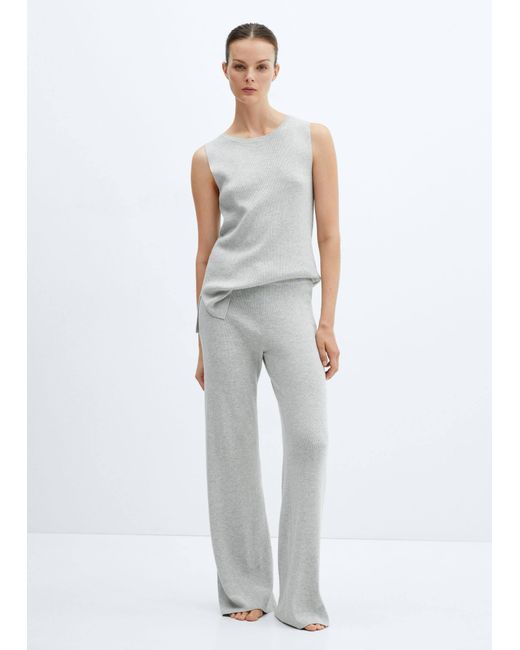 Mango White Cotton-linen Knitted Trousers Light Heather
