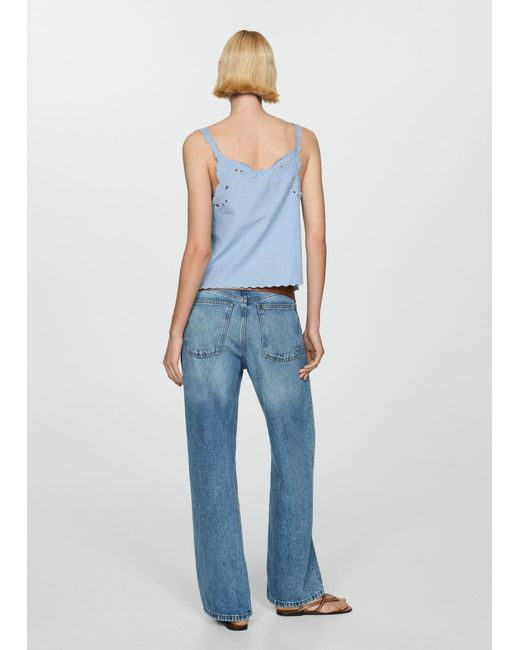 Mango Blue Embroidered Strap Top