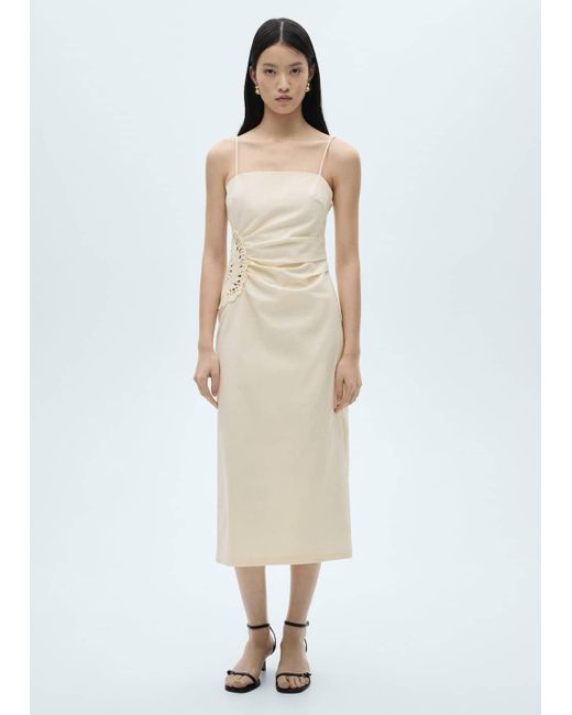 Mango White Linen Blend Dress With Openwork Flowers