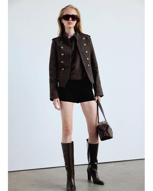 Mango Black Denim Jacket With Band Collar