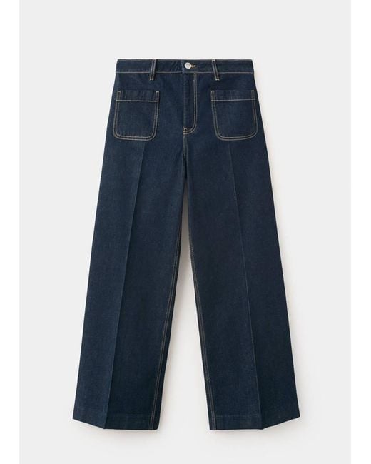 Mango Blue Wide-Leg Patch Pocket Jeans