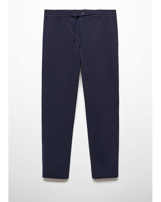 Mango Blue Cotton Seersucker Trousers With Drawstring Dark for men