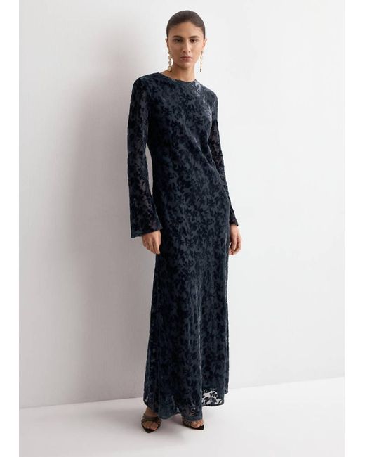 Mango Blue Devoré Dress With Bell Sleeves