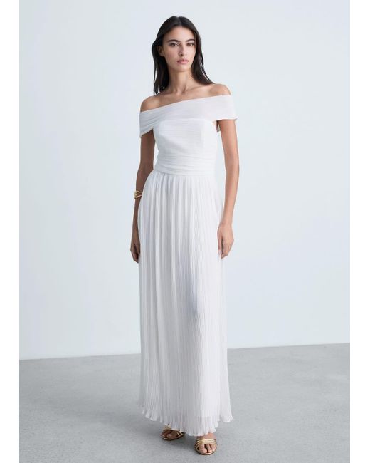 Mango White Off-The-Shoulder Pleated Dress