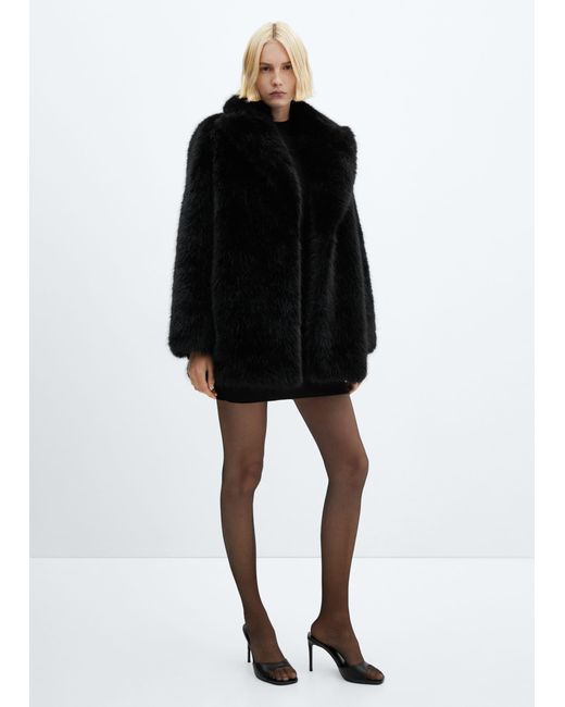 Mango Black Lapels Faux Fur Coat