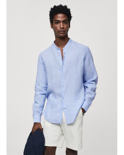 Mango Blue 100% Linen Mao Collar Shirt Sky for men