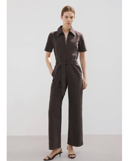 Mango Brown Zip Denim Jumpsuit