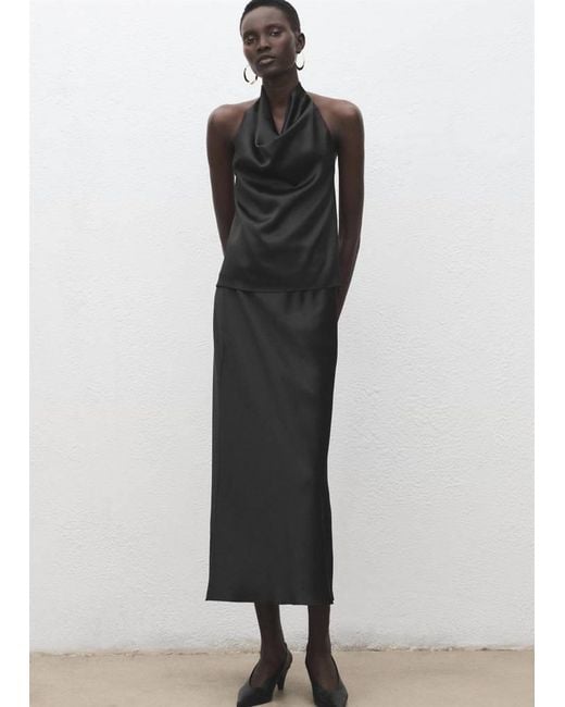 Mango Black Draped Neck Satin Top