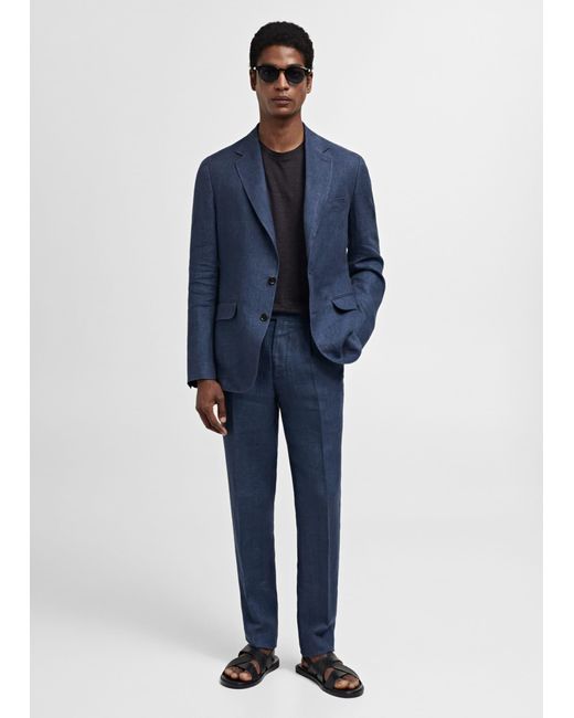 Mango Blue Slim Fit Suit Pants 100% Herringbone Linen Indigo for men