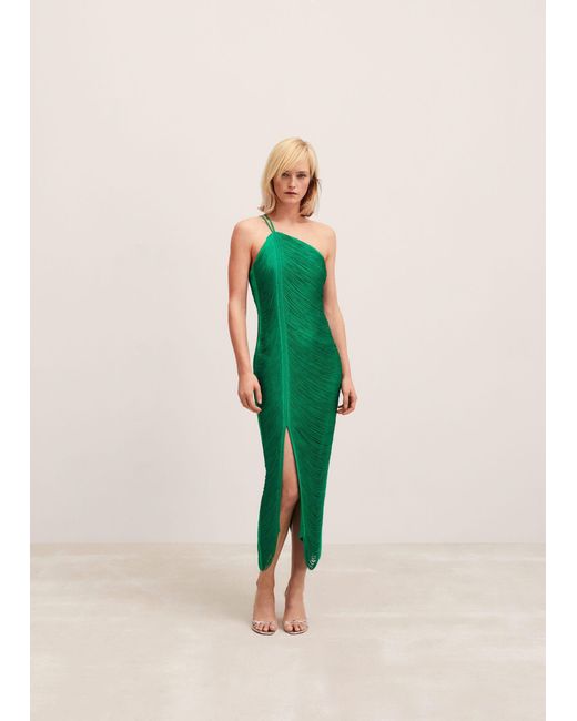 Mango Green Asymmetrical Dress With Fringes
