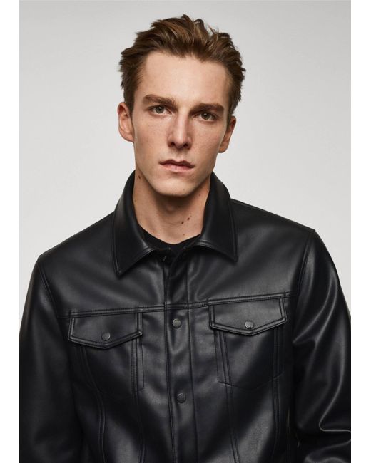 Mango Black Faux Leather Jacket With Pockets for men