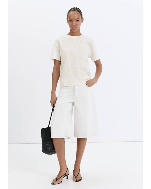 Mango White Floral-Embroidered Cotton T-Shirt