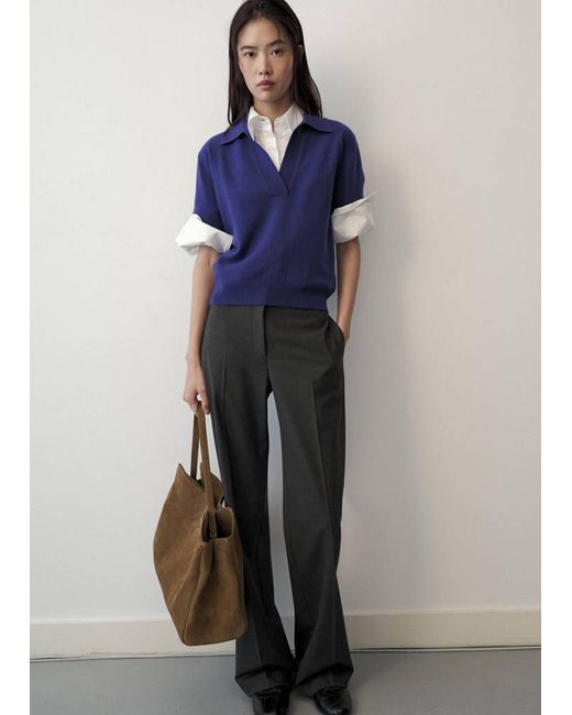 Mango Blue Polo Collar Wool Sweater