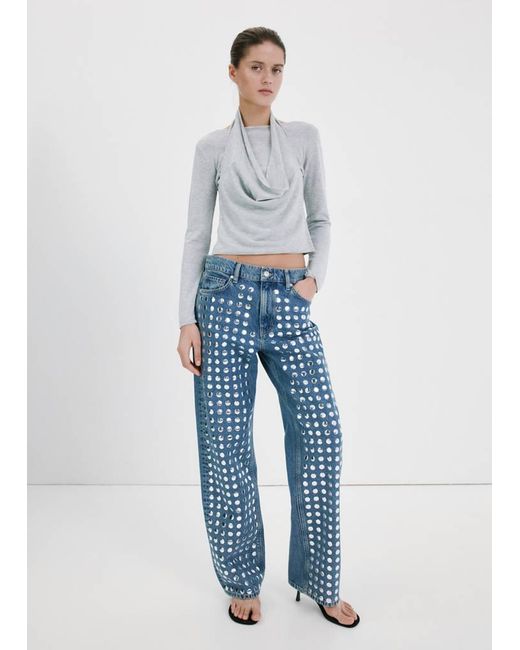 Mango Blue Straight-Fit Jeans With Studs