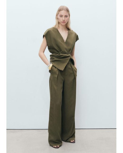 Mango Green Linen-Blend Pleated Trousers