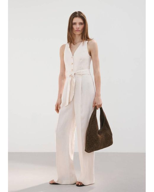 Mango Natural Belt Linen Jumpsuit