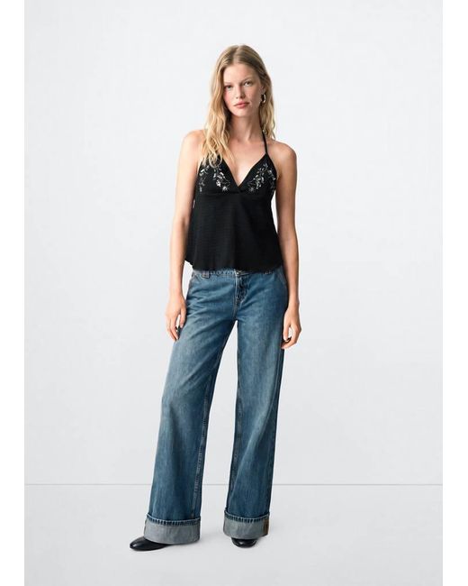 MANGO TEEN Black Embroidered Halter Top