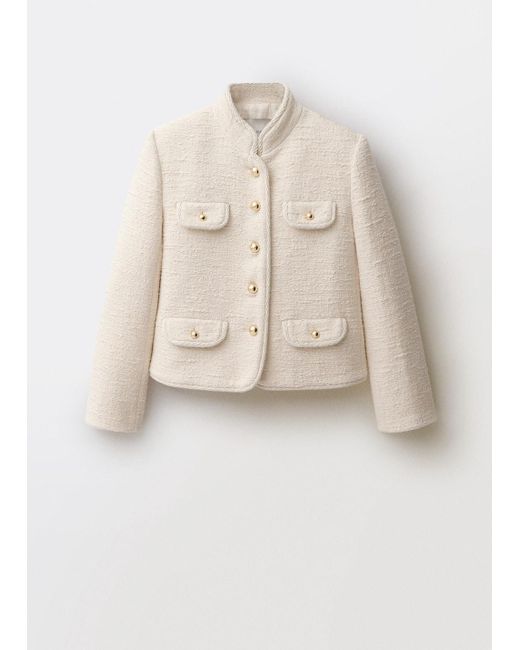 Mango White Tweed Jacket With Striped Collar