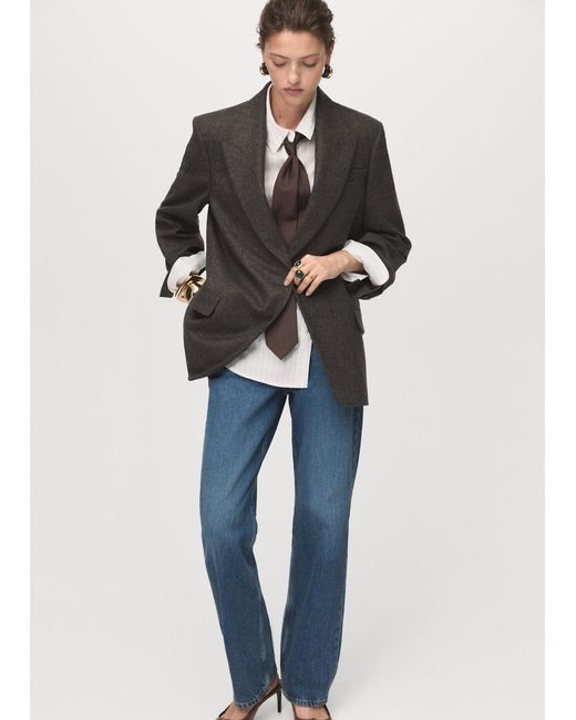 Mango Blue Micro Houndstooth Wool Blazer