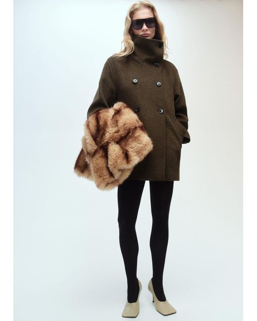 Mango Green Midi Wool Coat With Wraparound Collar