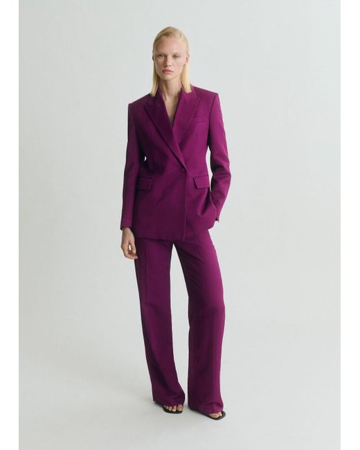 Mango Purple Linen-Blend Double-Breasted Suit Jacket