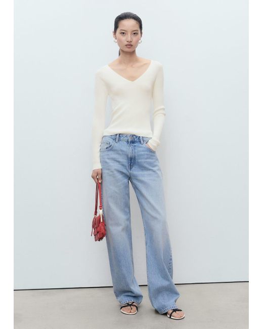Mango White V-Neck Ribbed Knit Sweater