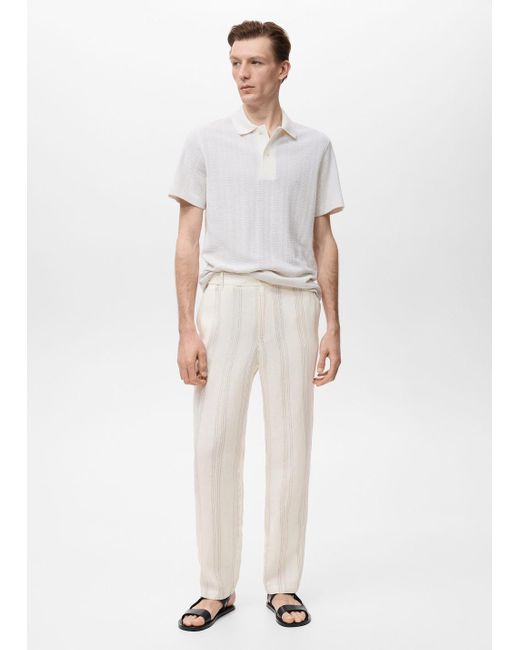 Mango White 100% Linen Trousers With Elastic Waistband for men