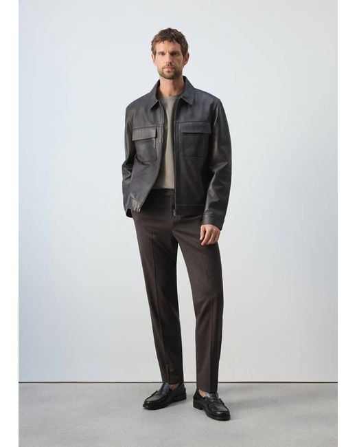 Mango Gray 100% Leather Jacket With Pockets for men