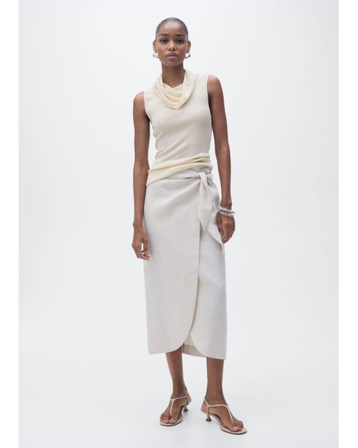 Mango White Knitted Top With Draped Neck