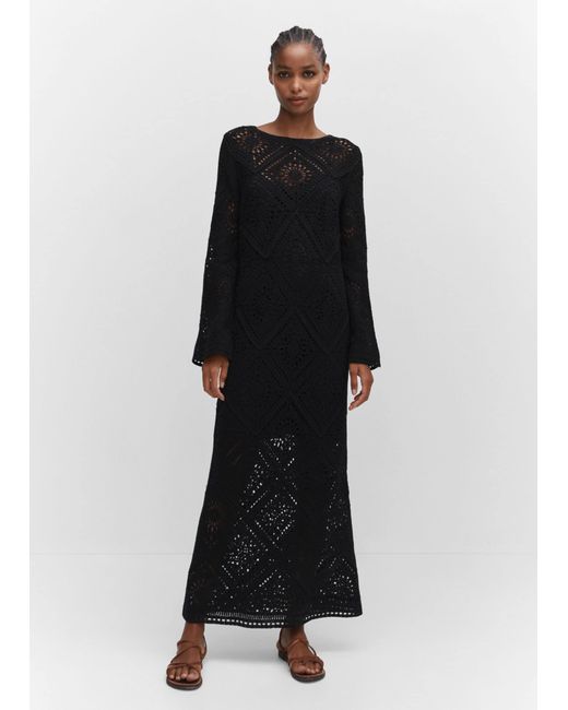 Mango Black Flared-sleeve Crochet Dress