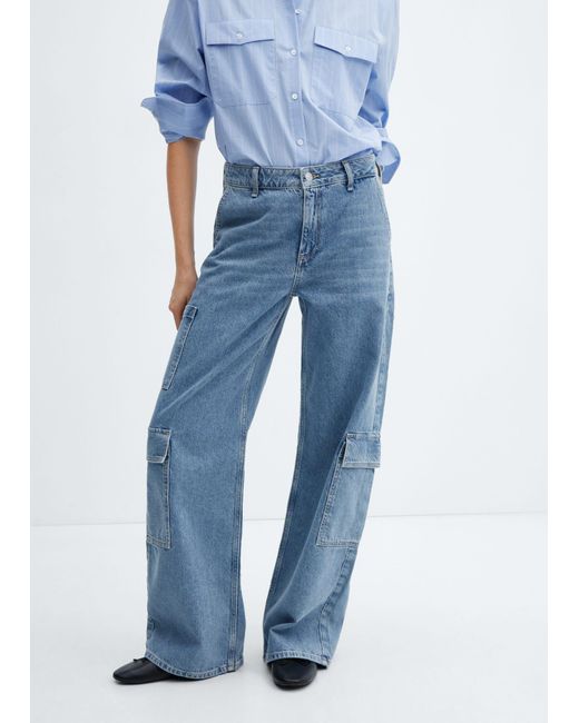 Mango Blue Loose Cargo Jeans With Pockets Medium