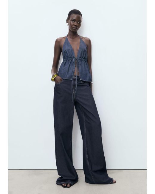 Mango Blue Denim-Top Mit V-Ausschnitt Und Schleife