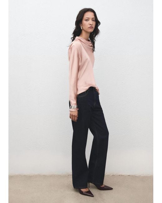 Mango White Satin Blouse With Draped Neck