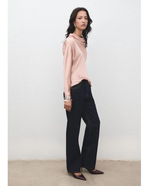Mango White Satin Blouse With Draped Neck