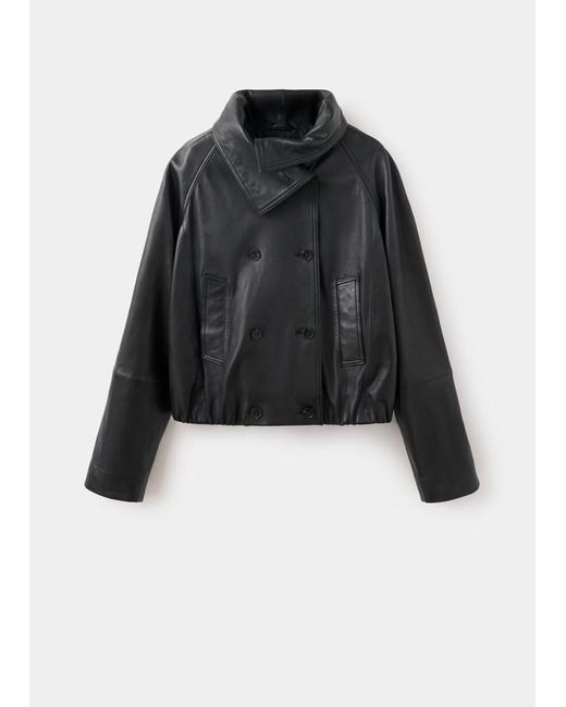 Mango Black Funnel Neck Leather Jacket