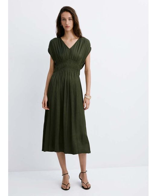 Mango Green Gathered Midi-Dress