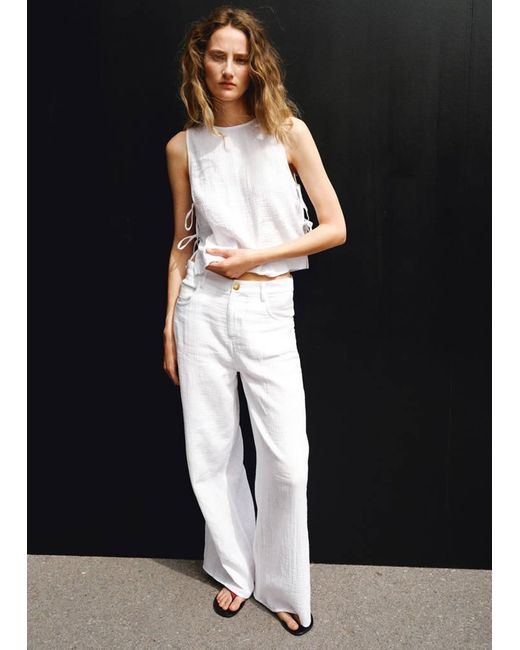 Mango White Straight-Leg Crinkle Trousers With A Mid-Rise