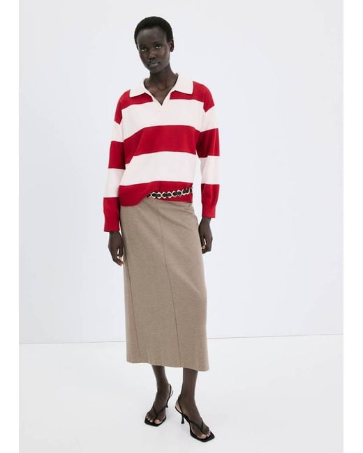 Pullover Righe Collo Polo Rosso di Mango in Red