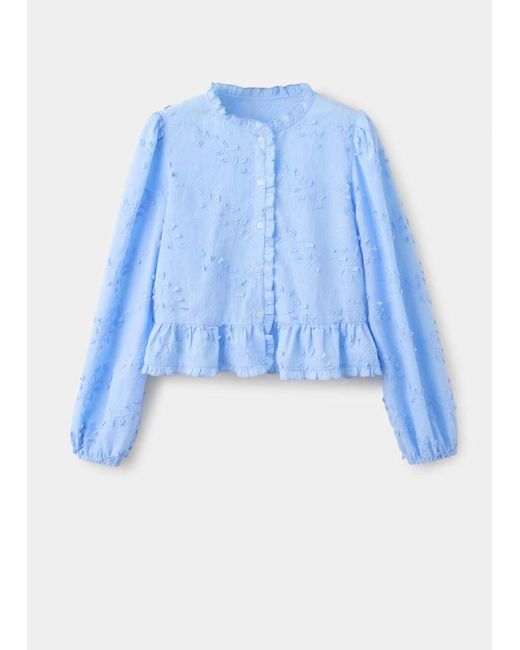 Mango Blue Embroidered Blouse With Frill Detail